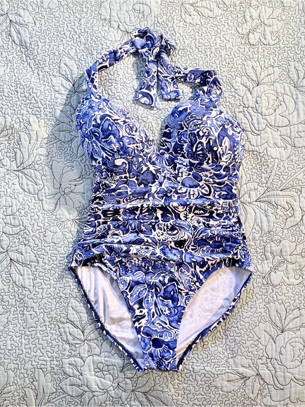 Lauren Ralph Lauren Blue White Floral Halter Swimsuit Tummy Control Ruched~8💛 - Picture 12 of 12